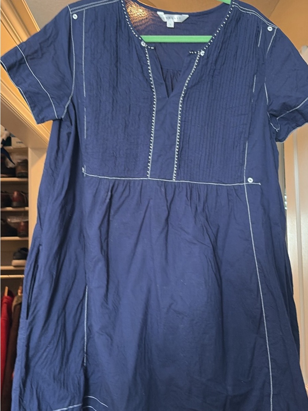DownEast Navy Blue Short-Sleeve Midi Dress with White Stitching